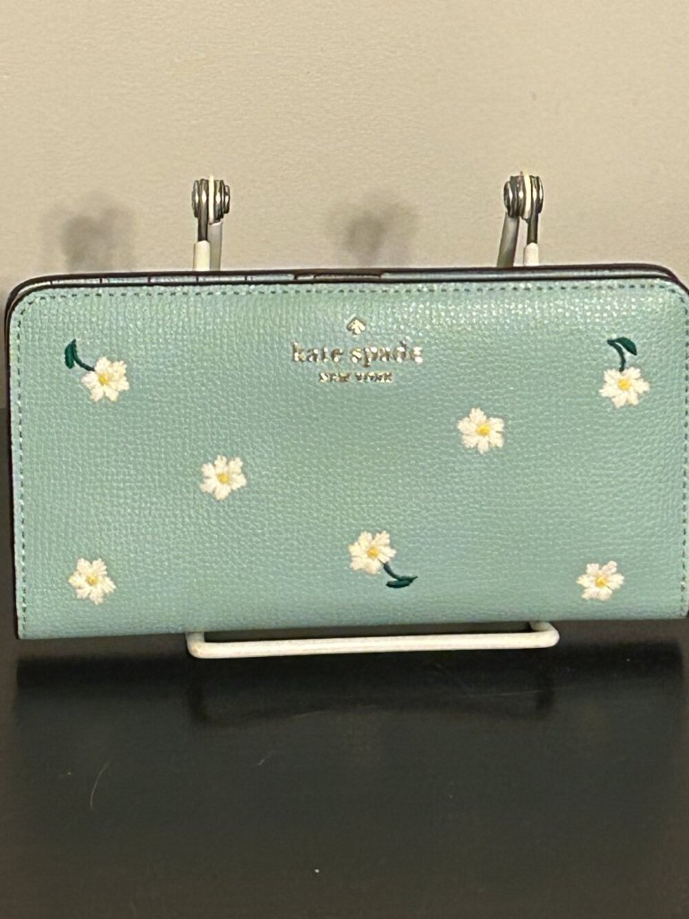 KATE SPADE Darcy Light Blue Leather Embroidered Daisy Large Slim Bifold Wallet